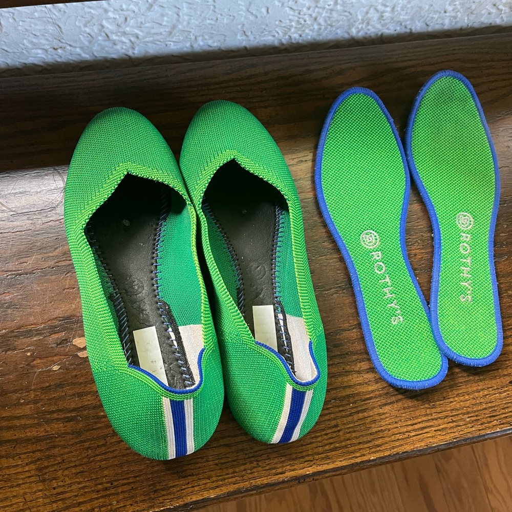 Rothy's Vibrant Green Flats with Blue Accents